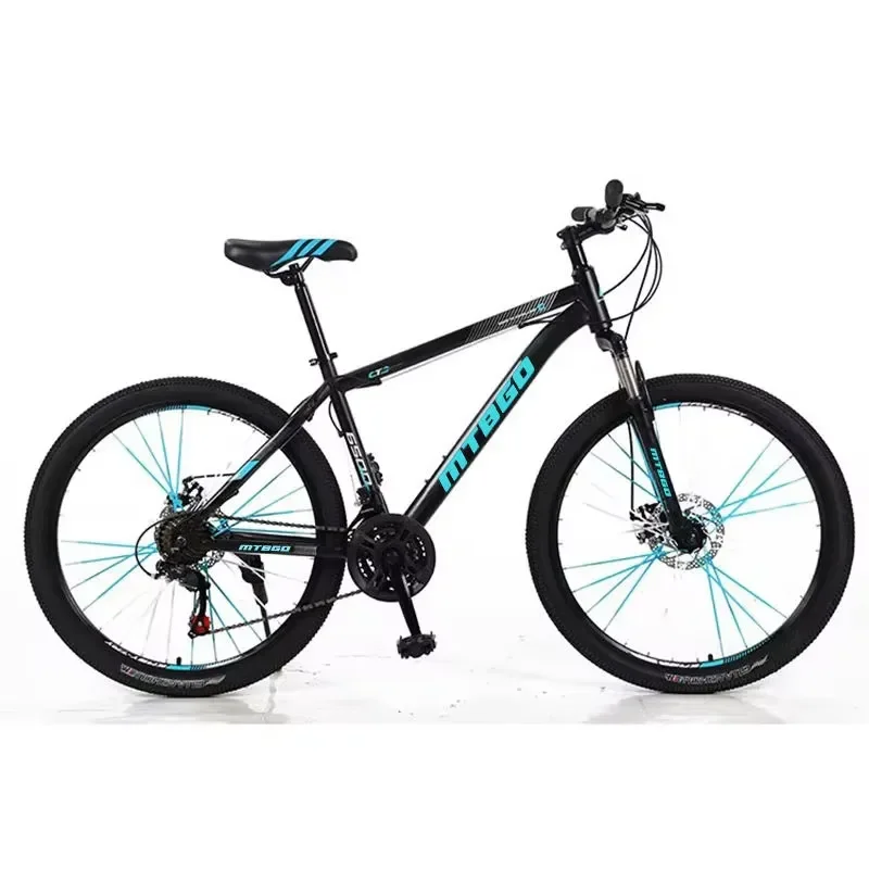 High-quality custom 21-speed mountain bike, aluminum shock-absorbing steel fork, with disc brakes and regular pedals, adult