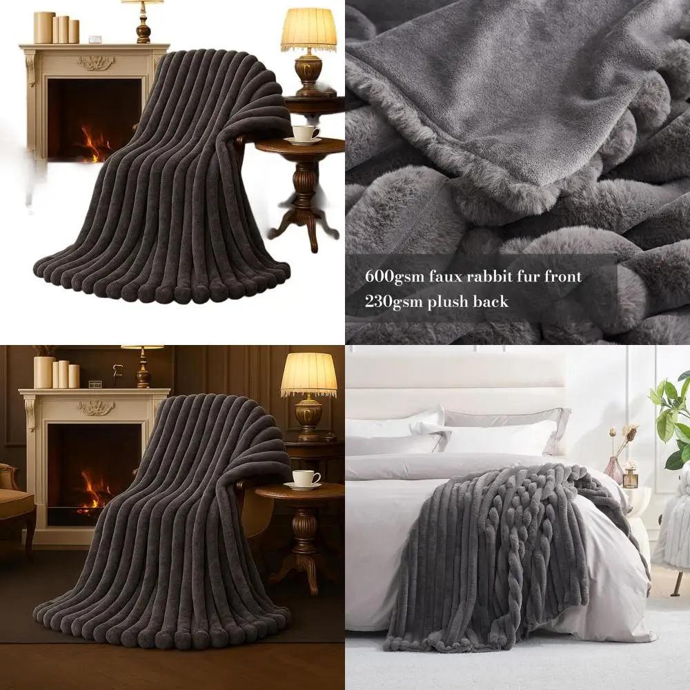 

Luxurious Plush Striped Faux Fur Blanket, 60x80, Charcoal Grey - Cozy Fluffy Throw for Sofa, Chair, Bedroom