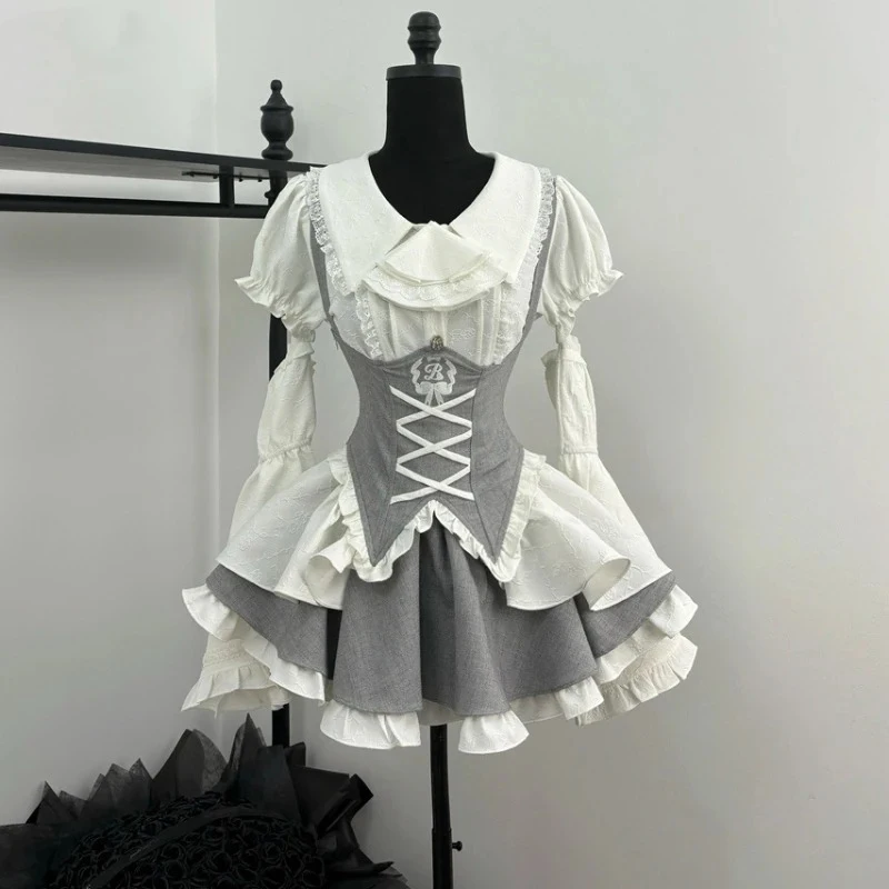 2025 Slim Bandage Mini Dress With Oversleeve Y2k Outfit Preppy Style Japanese Sweet Lolita Dress Women Elegant White Shirt Sets