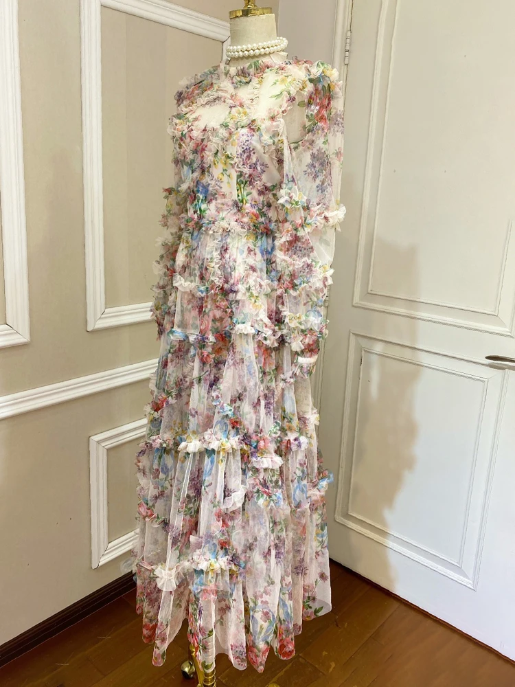 TWOTWINSTYLE Hit Color Print Dresses For Women Round Neck Lantern Sleeve High Waist Folds Elegant Dress Female Fashion Clothing