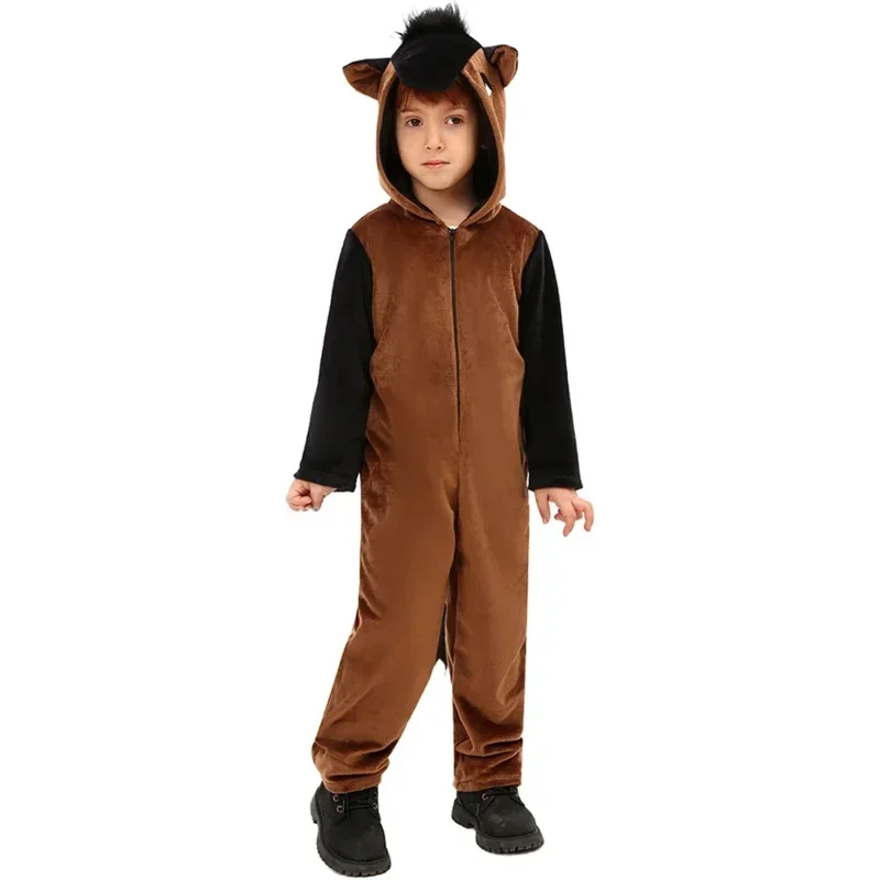 SN88 Brown Kids Horse Costume Outfit Girl Boys Party Role Play Dress Up Jumpsuit Mask Animal Onesie Halloween Cosplay Winter Pla