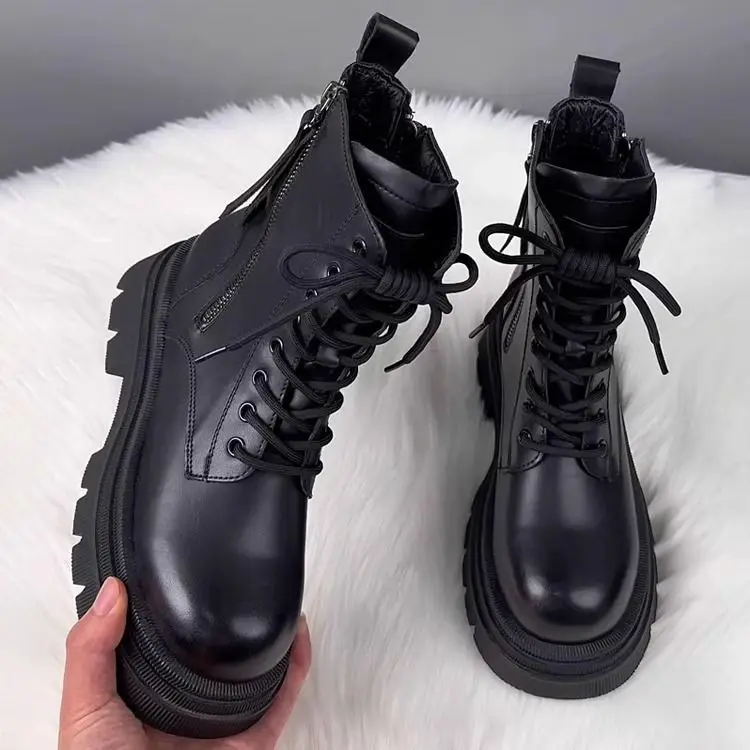 

British Style Women's Warm Platform Ankle Boots Autumn/Winter Lace-up Design Women's Fashion Goth Side Zipper Motorcycle Boots