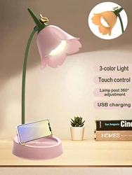 Pink Flower Cute Lamp LED Desk Lamp Table Light Adjustable Touch Rechargeable Battery Night Light for  Dorm Reading Table Light