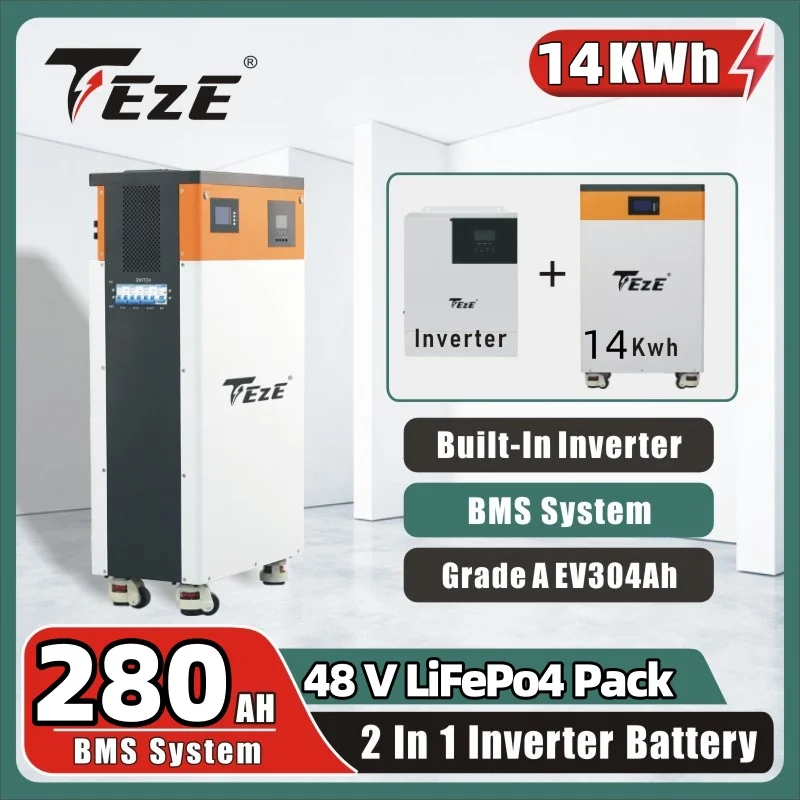 TEZE Upgrade 2 In 1 48V/51.2V 280Ah 14kWh LifePo4 Battery Built-in Inverter Powerwall Household Power Home Storage 15kwh