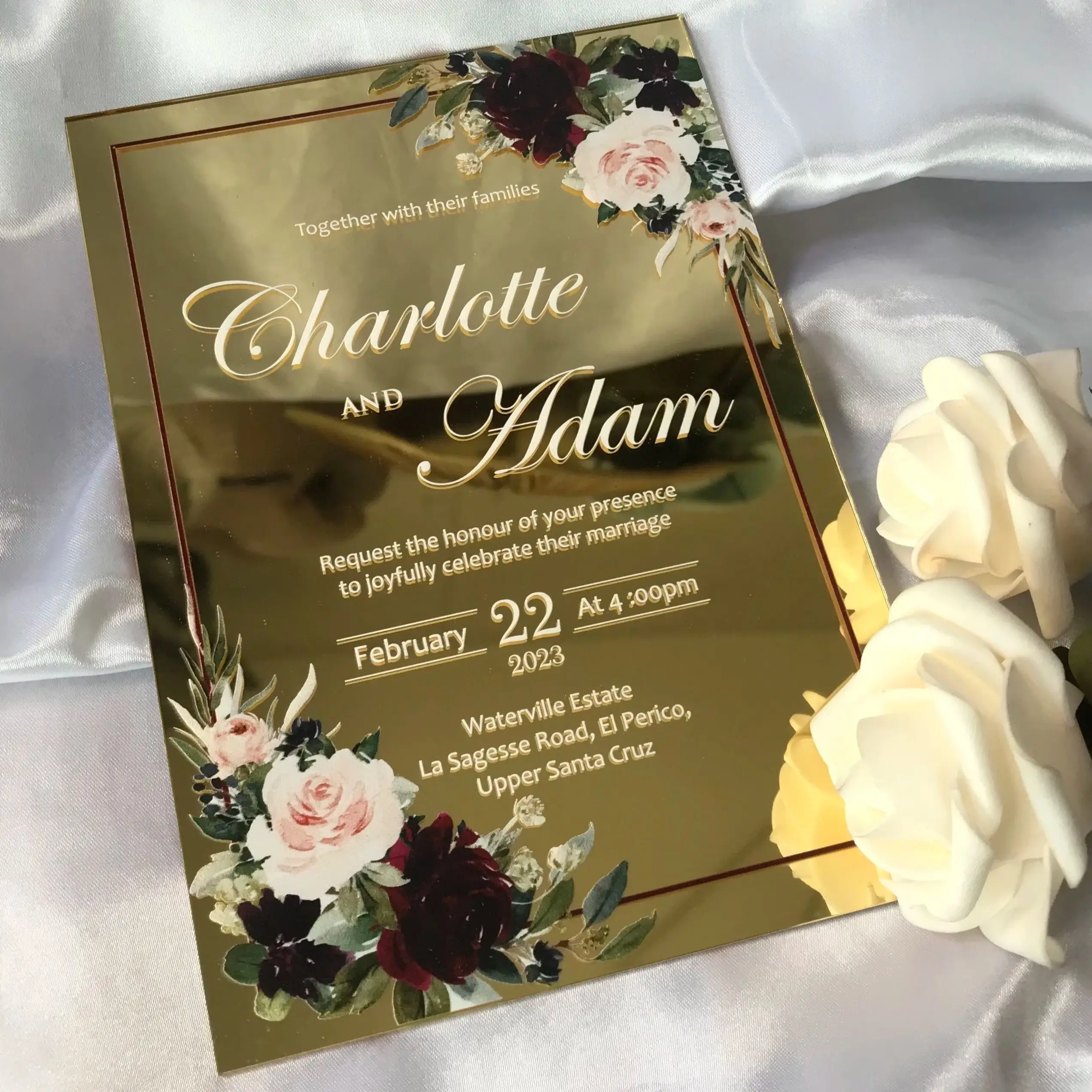 

Custom 10pcs Mirror Gold Acrylic Wedding Invitation,Birthday Greeting Gold Quinceanera Invitaiton for Party Favor Decoration