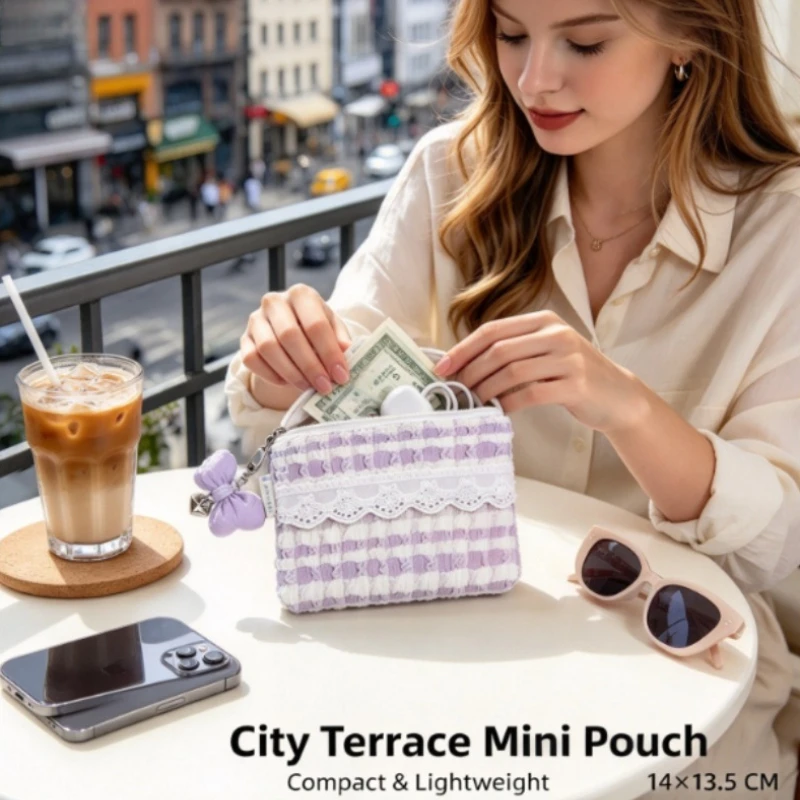 Pleated Lace Earphone Case Mini Cosmetic Bag Zipper Pouch Portable Storage Bag with Bow Pendant Small Makeup Organizer for Women