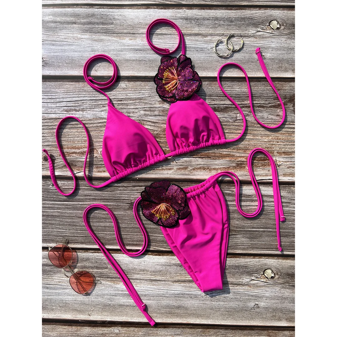 Sexy 3D-Blumen-Neckholder-Bikini mit Trägern, Damen-Badeanzug, zweiteiliges Bikini-Set, gepolsterter Badeanzug, Badebekleidung, Schwimmanzug V6835 – Detail 10