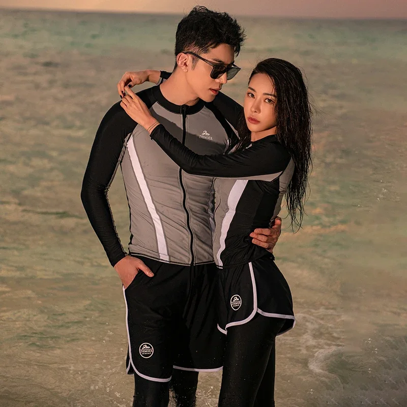 Quick Dry Women 5pcs Men 3pcs Set Long Sleeve UV Sun Protection Rash Guard Full Body Slim Zipper Wetsuit Surf Diving Swimsuit