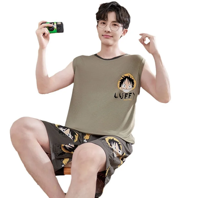 Anime One Piece Luffy Modal Men Pajamas Set Japanese Summer Cute Cartoon Silk Cool Vest Shorts Loungewear Suit Student Homewear