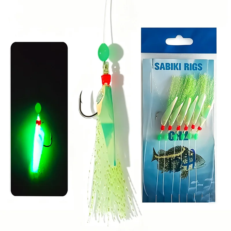 10bags 1.75m Glow Sabiki Rigs Hooks Saltwater Fishing Lures Bait Rigs Real Fish Skin String Hook Mackerel Flash Sabiki Rigs