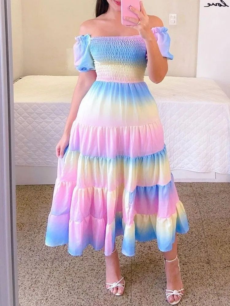 Vestido largo con estampado Floral a la moda para primavera y verano, vestido Sexy con hombros descubiertos para fiestas de mujer, vestido elegante de longitud media