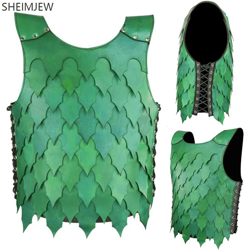 

Medieval Pu Leather Scale Armor Vest Armor Elf Knight Warrior Cosplay Costume Green Breastplate Suit Double-breasted Robe 2025