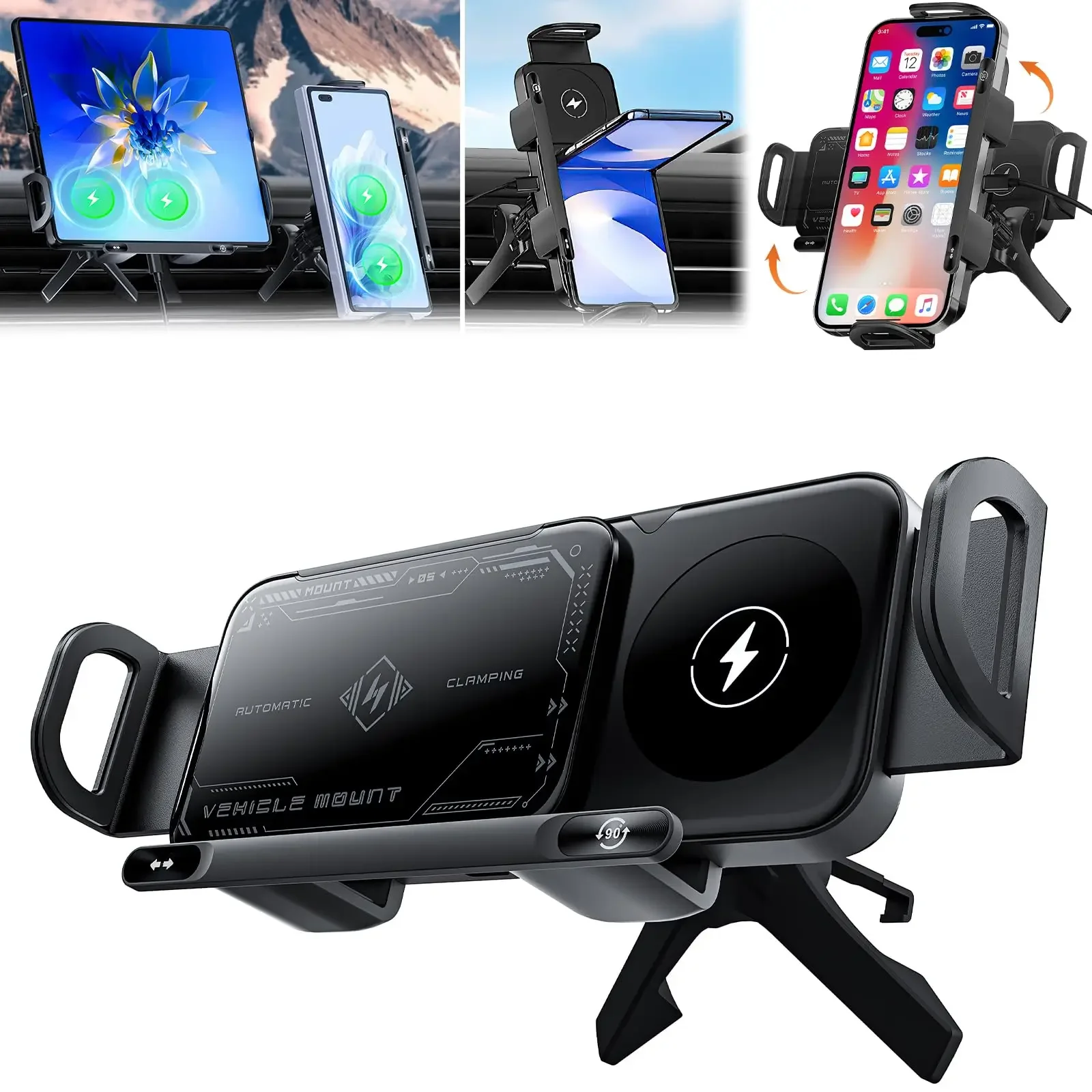 2-in-1 Automatic Rotating Phone Mount, One-Touch Operated Vent-Mounted Holder Compatible with Smartphones, Tablets, and Foldable