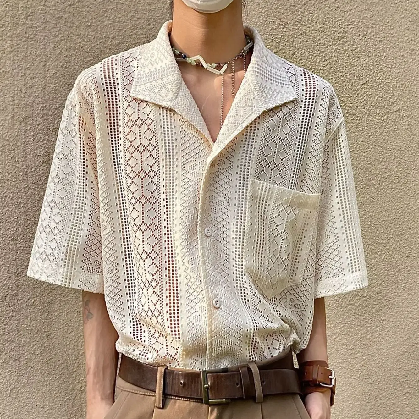 Summer Hollow Lace Shirt Men's Light Luxury Breathable Thin Vacation Casual Shirt