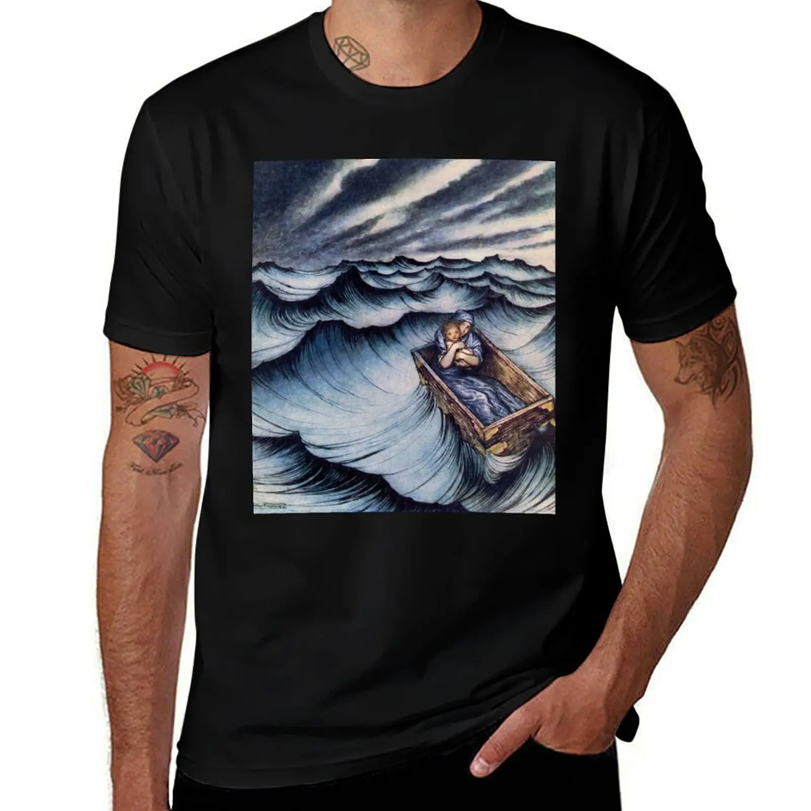 Arthur Rackham: Danae clasped her child T-Shirt Casual Streetwear Short Sleeve Tee T-Shirt