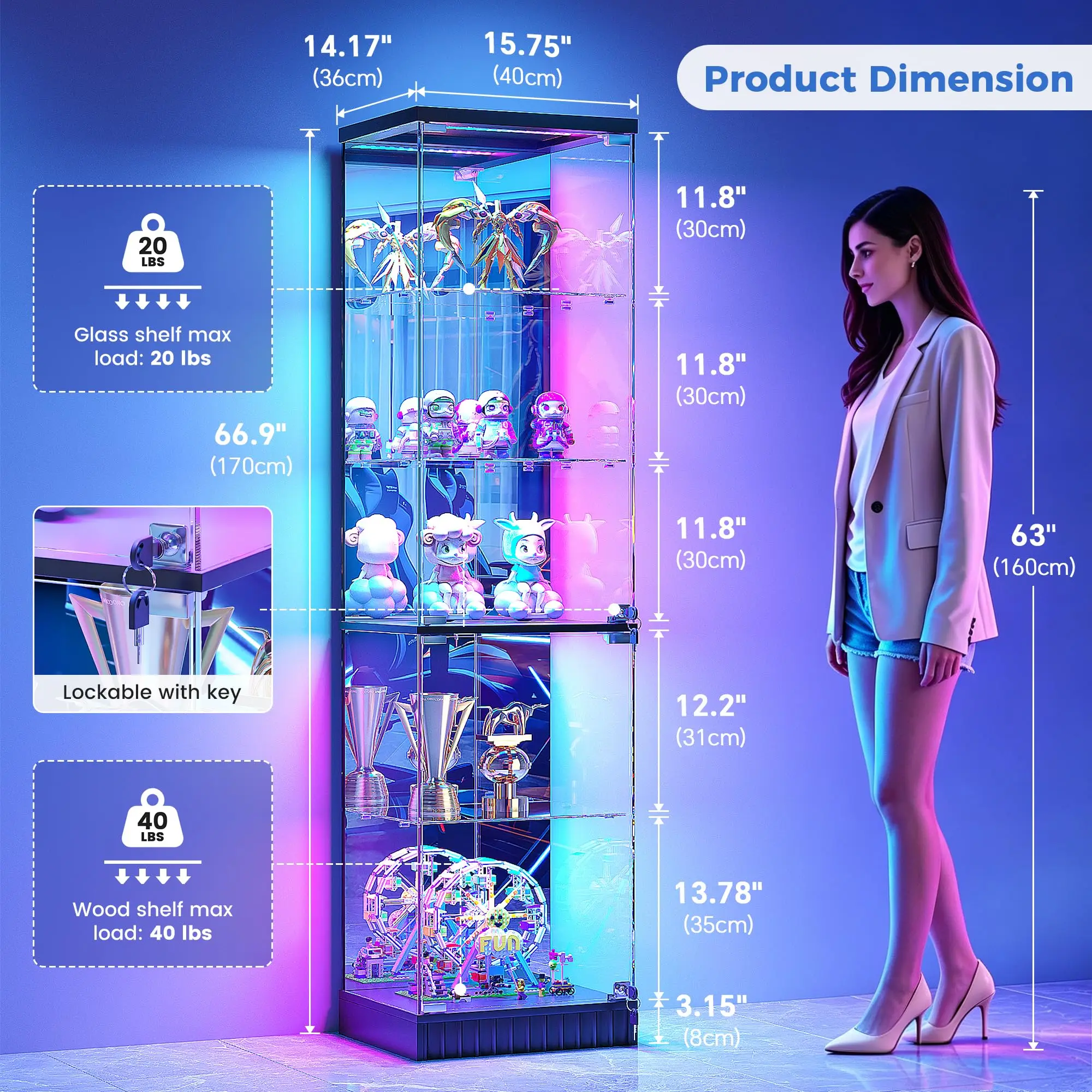10-Tier Glass Display Cabinet with RGB Light and Motion Sensor,Black