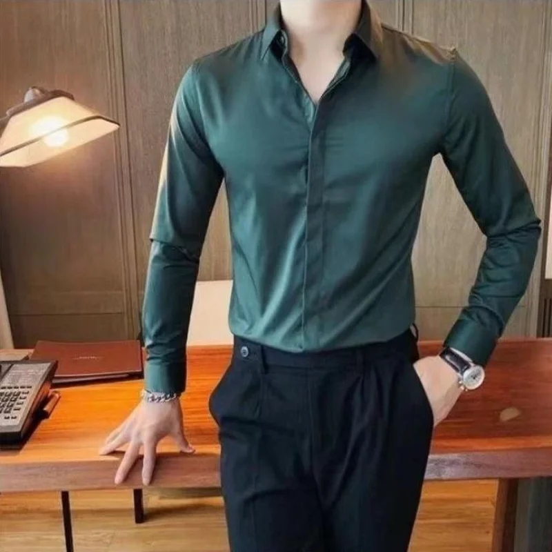 Green Shirts And Blouses For Men Business Long Sleeve Plain Man Tops Cool Cotton Aesthetic Wholesale Silk Clothing Casual S