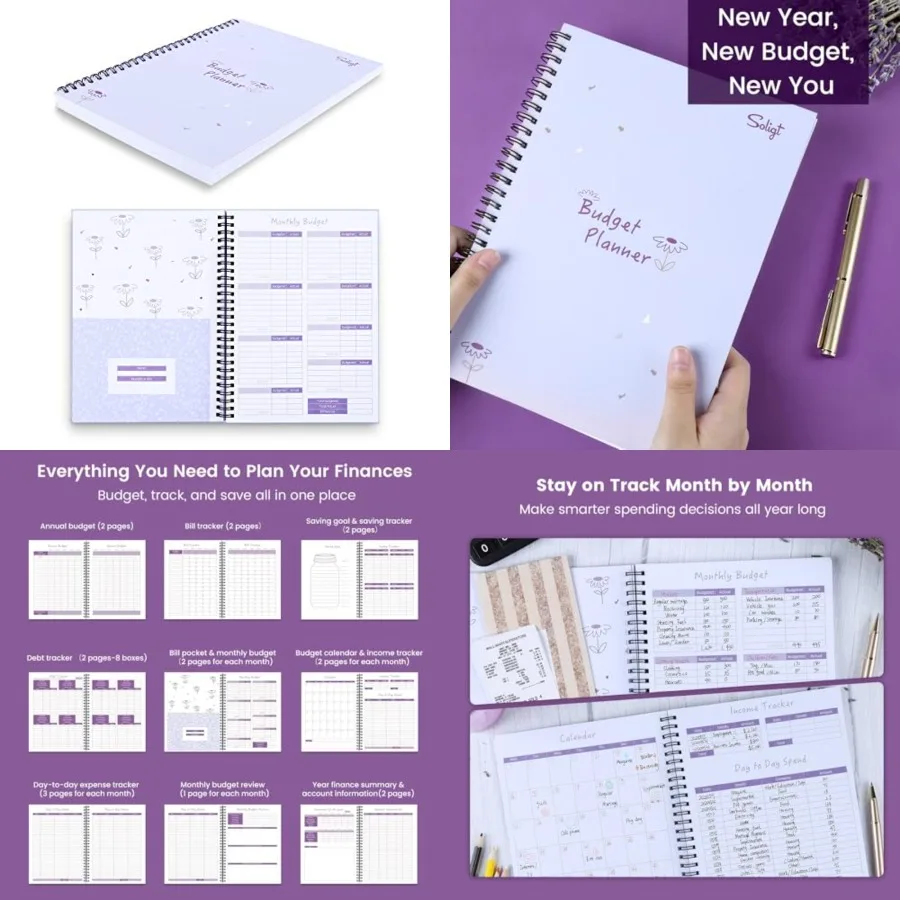 

Monthly Budget Planner Book Undated with 12 Pockets for Income, Debt, Saving, Expense and Bill Tracker Organizer, Purple, Spira