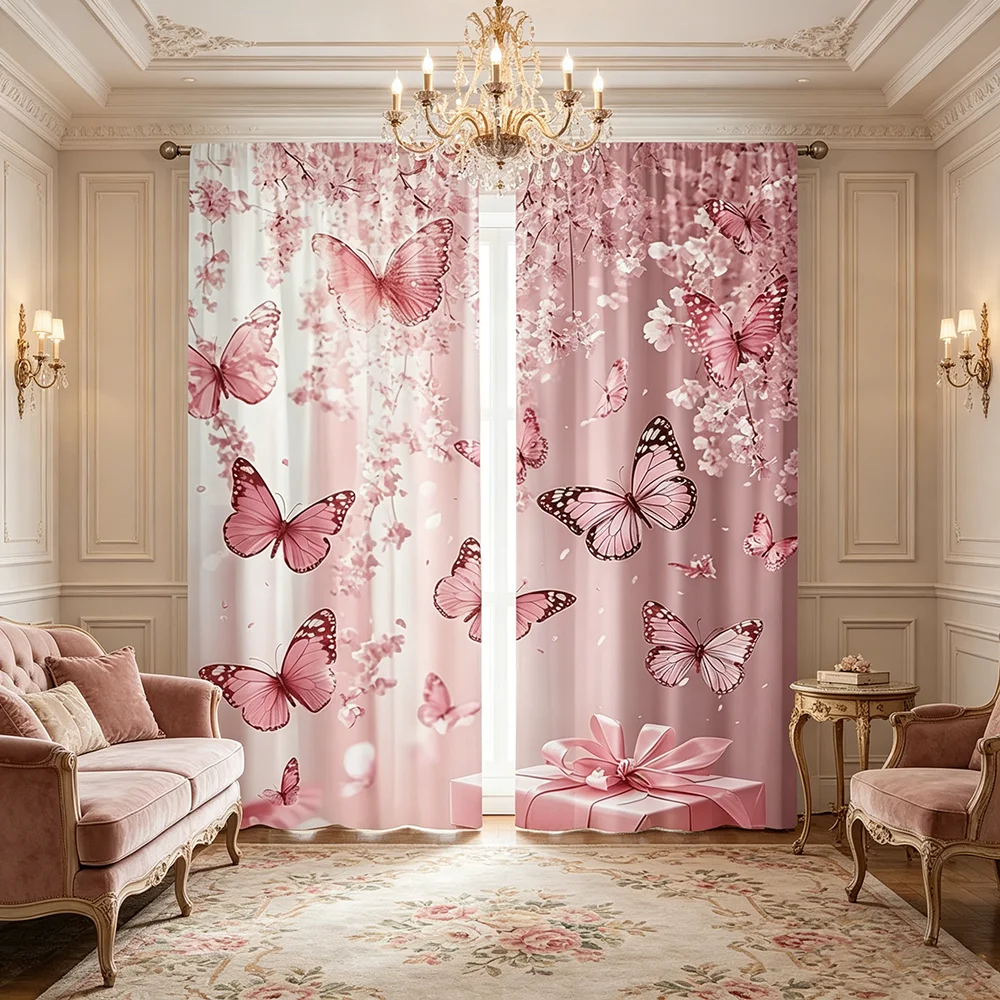 2PCS Digital Printed Curtains, Sakura Cherry Blossom Butterfly Pattern, Japanese Dreamy Soft Style for Bedroom Home Decor