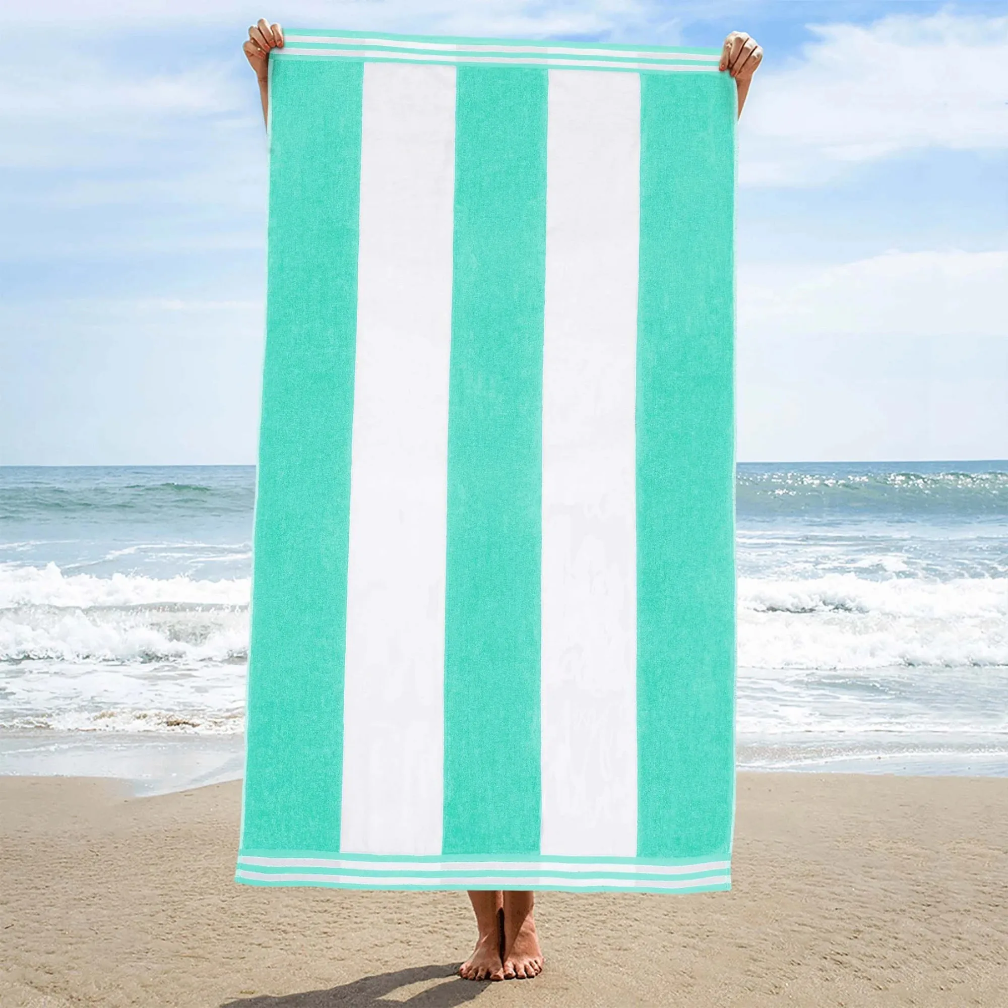 Superior Cabana Striped 1-Piece Oversized Cotton Beach Towel, Mint