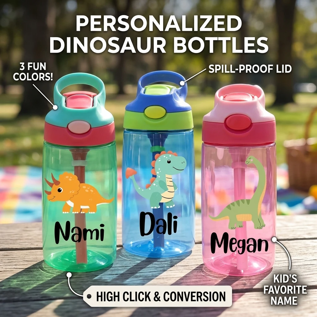 2026 New Dinosaur Kids Water Bottle Custom Name Toddler Straw Cup Spill Proof Flip Lid Portable Drinking Bottle for School.