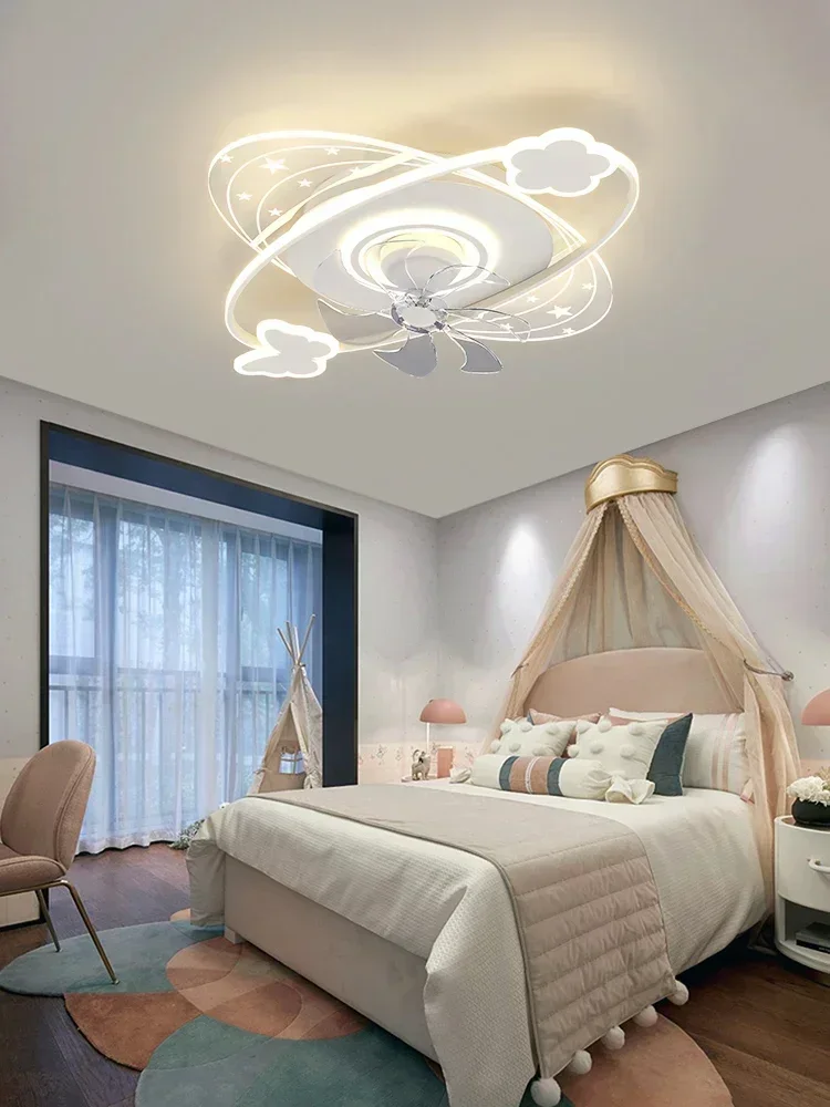 Luz de ventilador para habitación de niños, corona de dibujos animados nórdicos, luz de techo para habitación de princesa, ventilador silencioso con cabezal móvil, luz led integrada de 220V