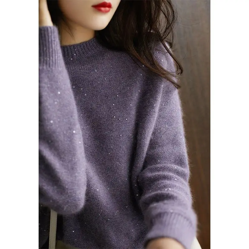 Fashion O-Neck Korean Solid Color Sequined Sweaters Women Clothing 2024 Spring New Loose Knitted Commuter Pullovers Casual Tops