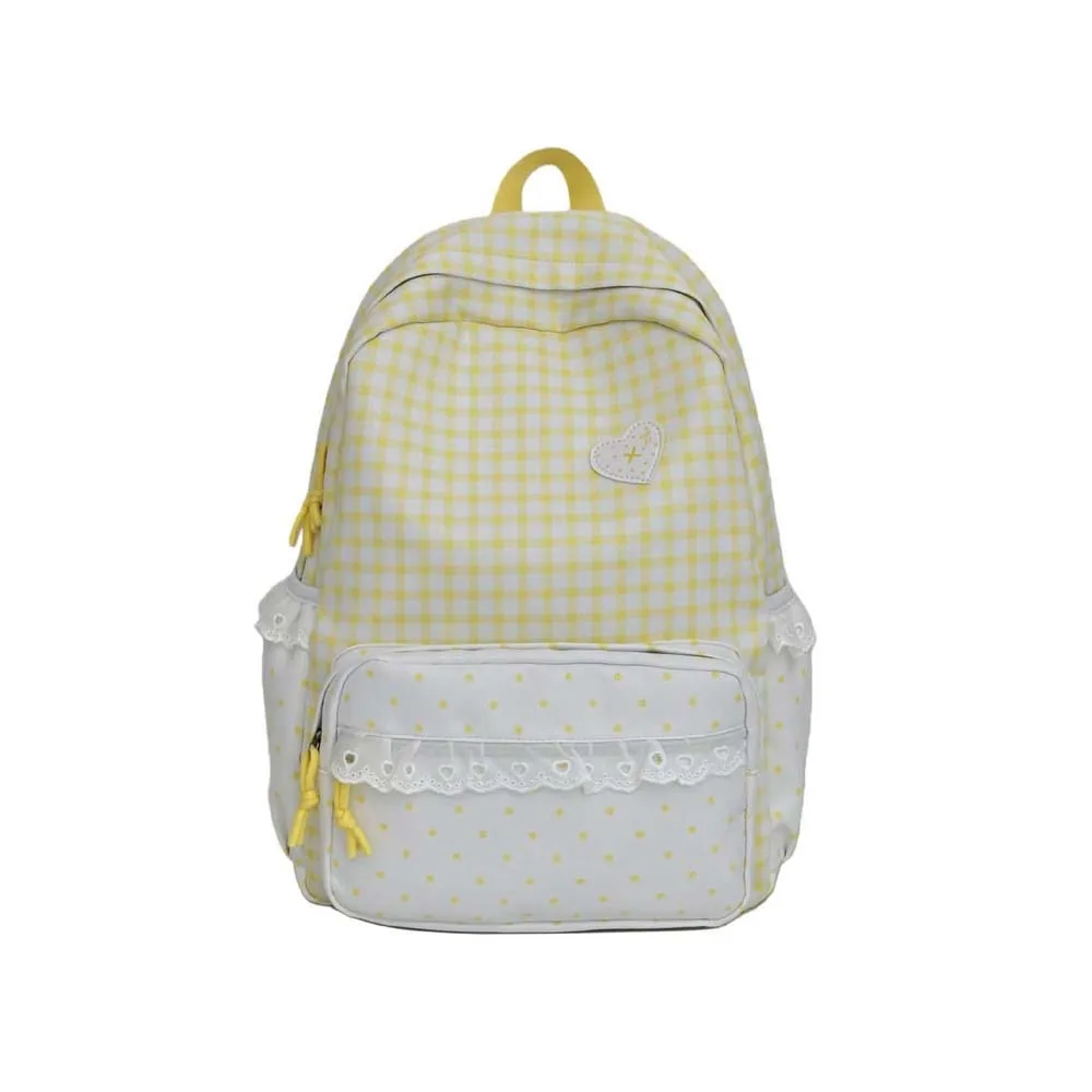 Korean Style Gingham Backpack Ruffle Design Pastel Colors Lace Schoolbag Adjustable Straps Polka Dot Plaid Daypack Daily Travel