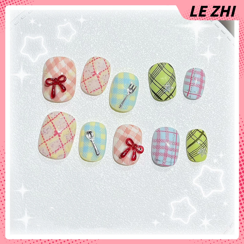 جميل قصير مربع جولة اليدوية يمكن ارتداؤها غطاء كامل الأظافر Kawaii أرنب مرسومة باليد القوس زهرة الماس القط عيون اضغط على الأظافر #3