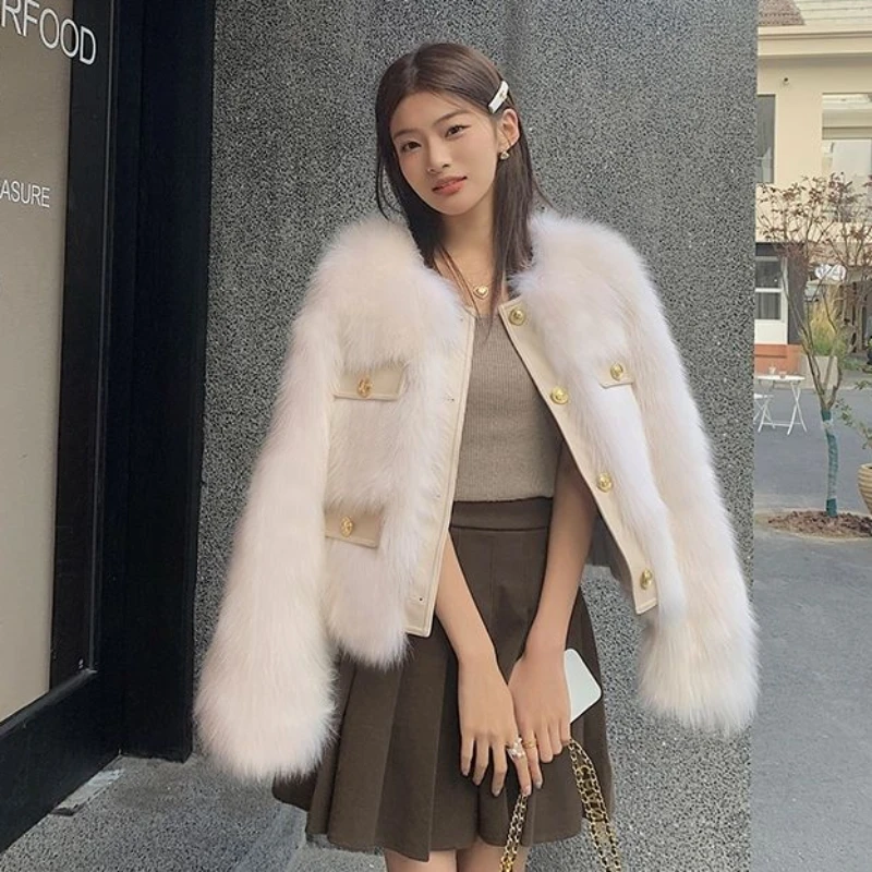 2022 Winter New Women Faux Fur Coat Temperament Socialite Round Neck Imitation Fox Fur Short Outwear Thicken Leisure Warm Jacket