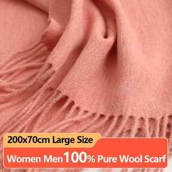 Solid 100% Real Wool Scarf with Tassel Women Winter Warm Shawls and Wraps Ladies Wool Cashmere Scarves Thick Foulard Femme