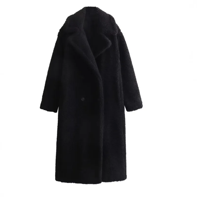 Women's Clothing Trendy Winter Long Wool Coat Warm Overcoat Lapel Versatile Brand Korean Casual Outerwear Faux Fur Coat Black