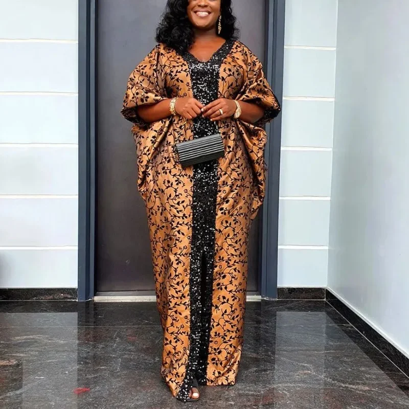 

Muslim Party Dress Women Elegant Luxury 2025 V Neck Batwing Sleeve Sequined Loose Birthday Party Dinner Dress ClothFloor Length