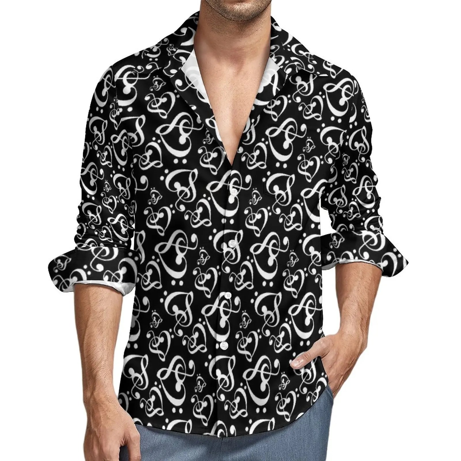 

Hearts Music Notes Casual Shirts Man Black White Shirt Long Sleeve Fashion Y2K Blouses Spring Printed Clothes Plus Size