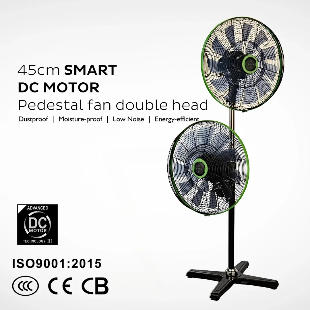 innovative design two fan motor oscillating strong heavy wind energy saving silent double head standing fan with remote control