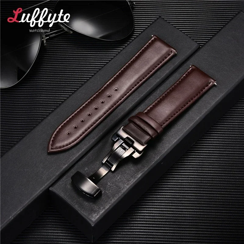 Leather Watchband 18mm 20mm 22mm 24mm Men Women Leather Watch Band with Automatic Butterfly Clasp Watch Strap