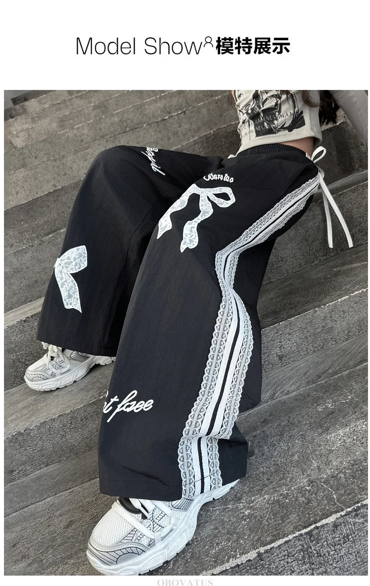Schwarze Freizeithose für Kinder mit Spitzenschleife für Mädchen, Frühlingsmode, Spitzenhose, lockere Freizeithose mit weitem Bein, Streetwear – Detail 3
