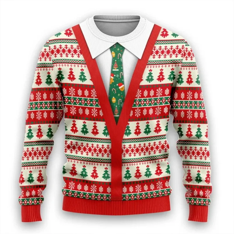 New Year Christmas Sweatshirts 3D Fake Suit Print Holiday Party Tops Couples Pullover Tops Ugly Christmas Sweater Men Clothing