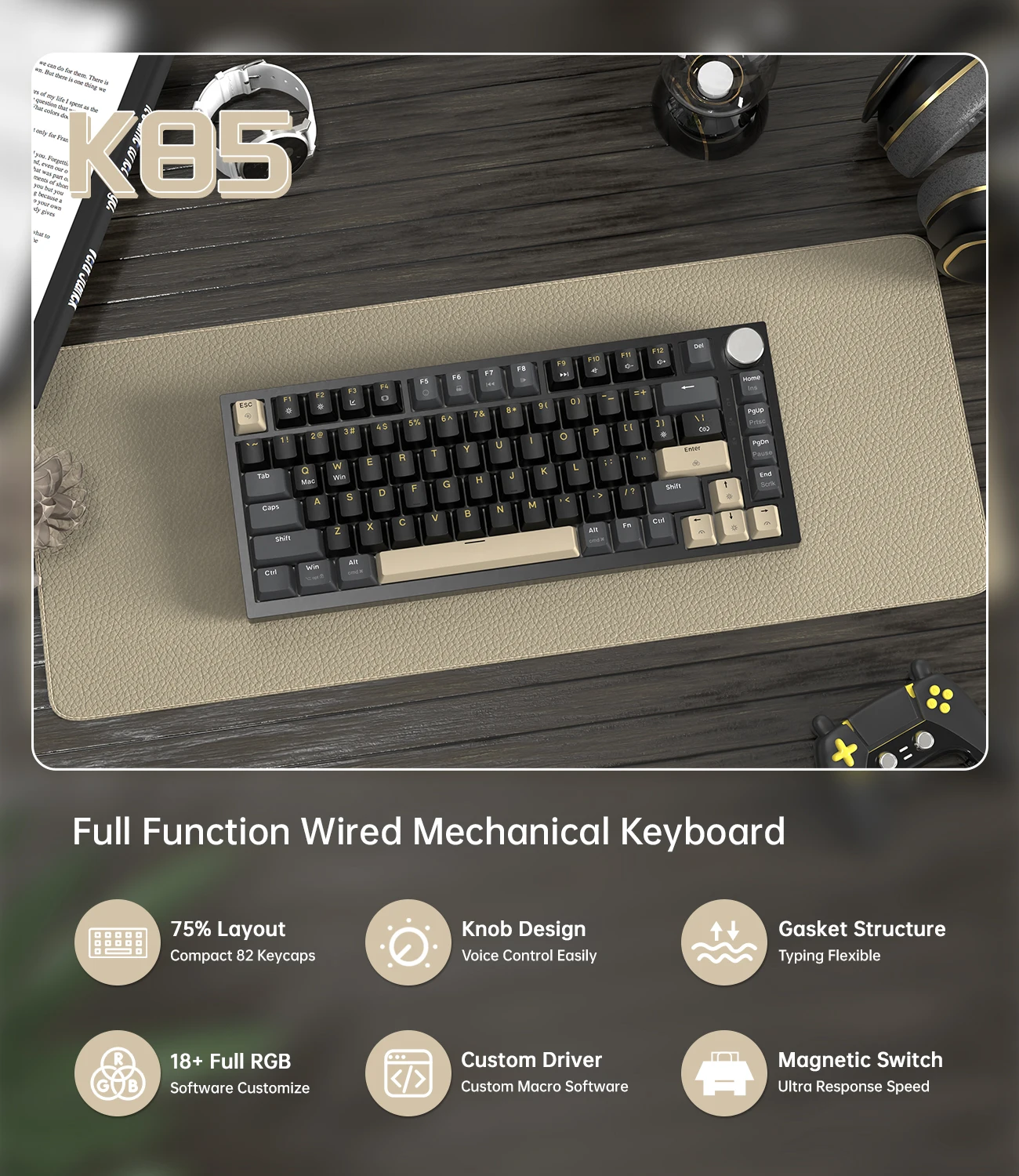 ATTACK SHARK K85 Rapid Trigger Keyboard Magnetic Switch 75% Wired With Magnetic Switch, Support RT/DKS/MT/TGL