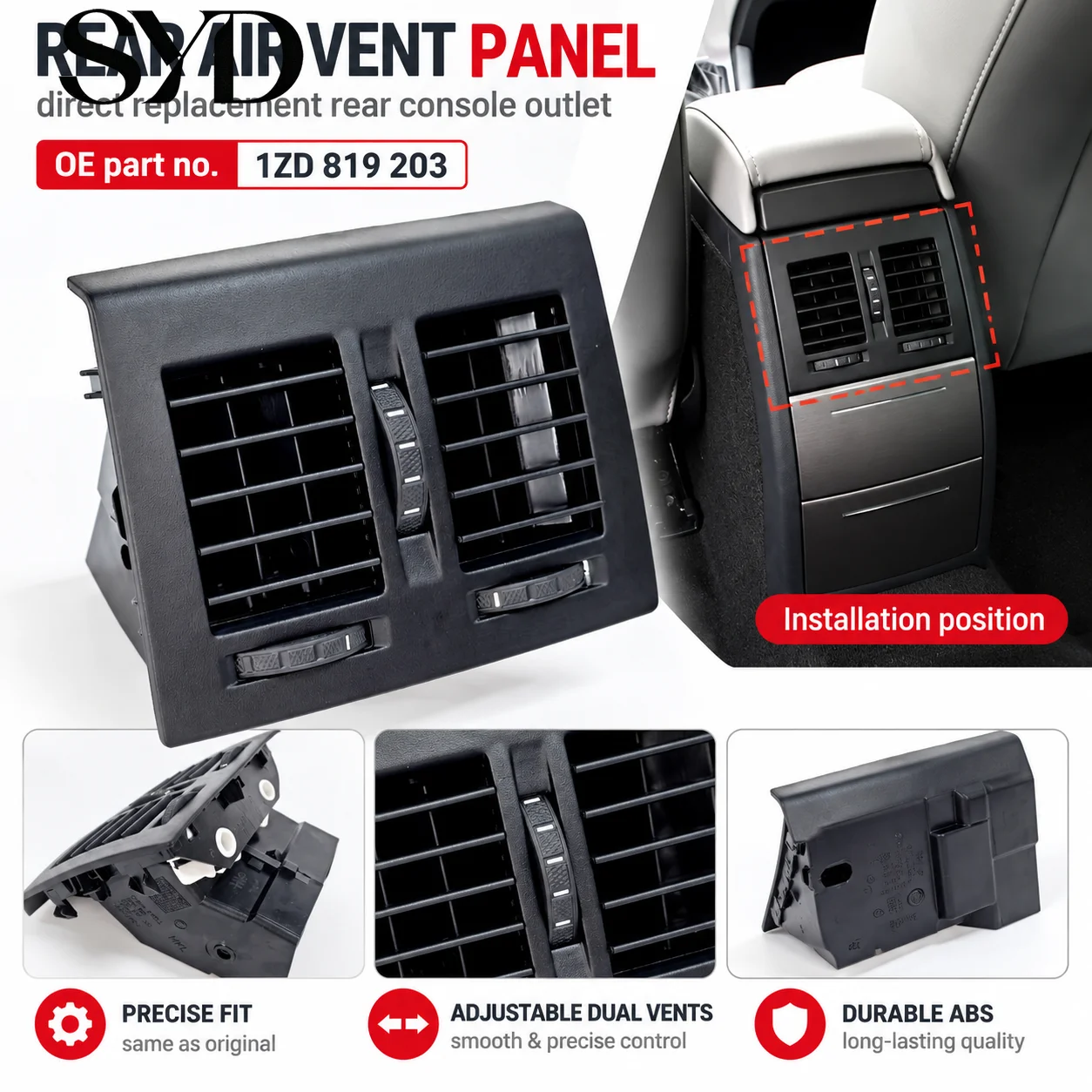 Center Armrest Rear AC Air Vent Outlet Grille Louver Assembly OE 1ZD819203 Rear Console Air Outlet For Skoda Octavia