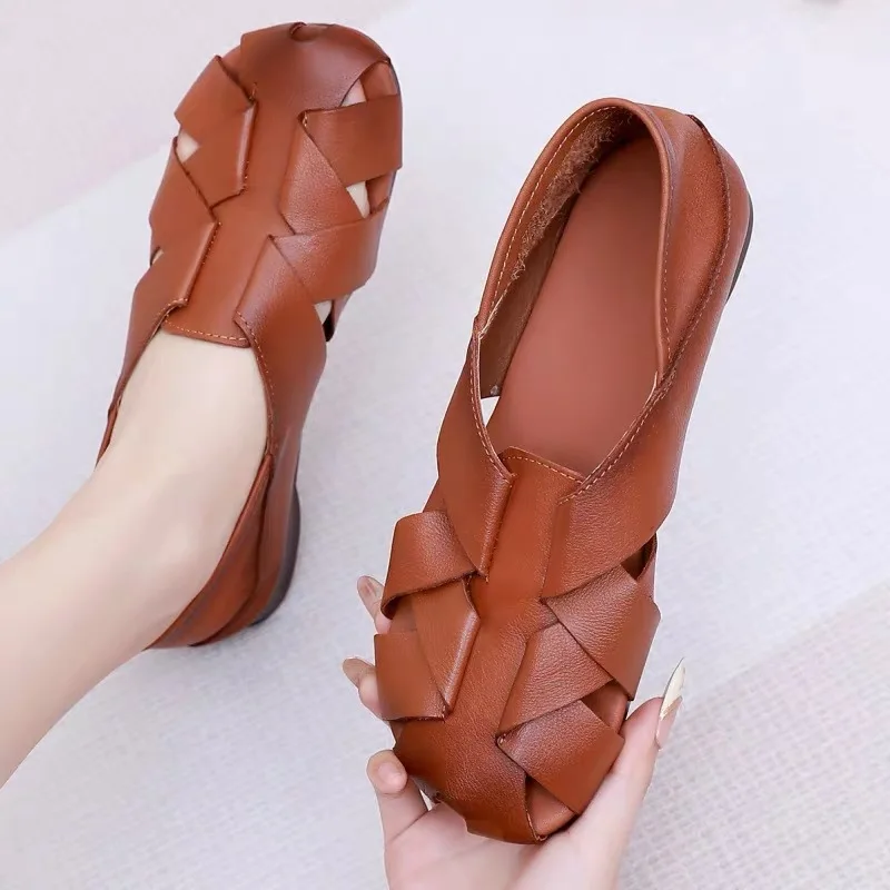 

New Braided Gladiator Sandals Woman Authentic Leather Flats Wide Shoes Criss-cross Comfy Moccasins Elderly Women Roman Sandals
