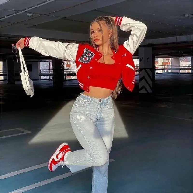 Pinkbomb Spicy Girl Autumn Fashion Baseball Shirt Short Outerwear Open Cardigan Embroidered Letter ABG Trendy Women's Jacket