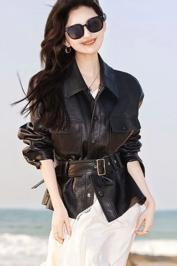 

2025 Autumn Leather Jacket Women Slim Fit Waist Design Fashion Casual Short Coat Elegant Outerwear Tops
