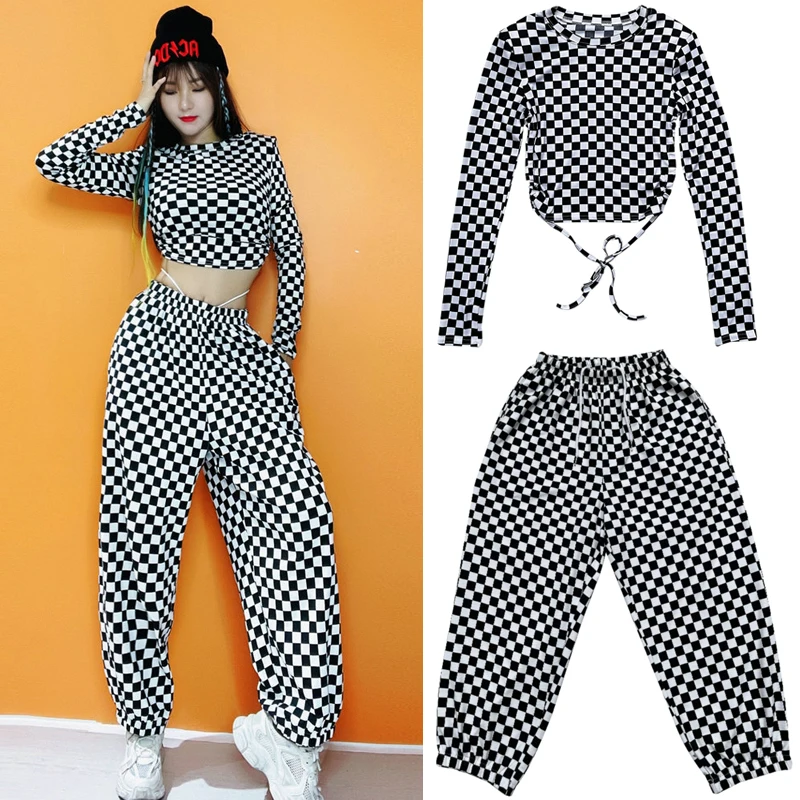 Checkerboard Straps Cropped Tops Trousers Sexy Hip-Hop Clothing Girls Group Jazz Dance Costumes Modern Dance Outfit XS4514