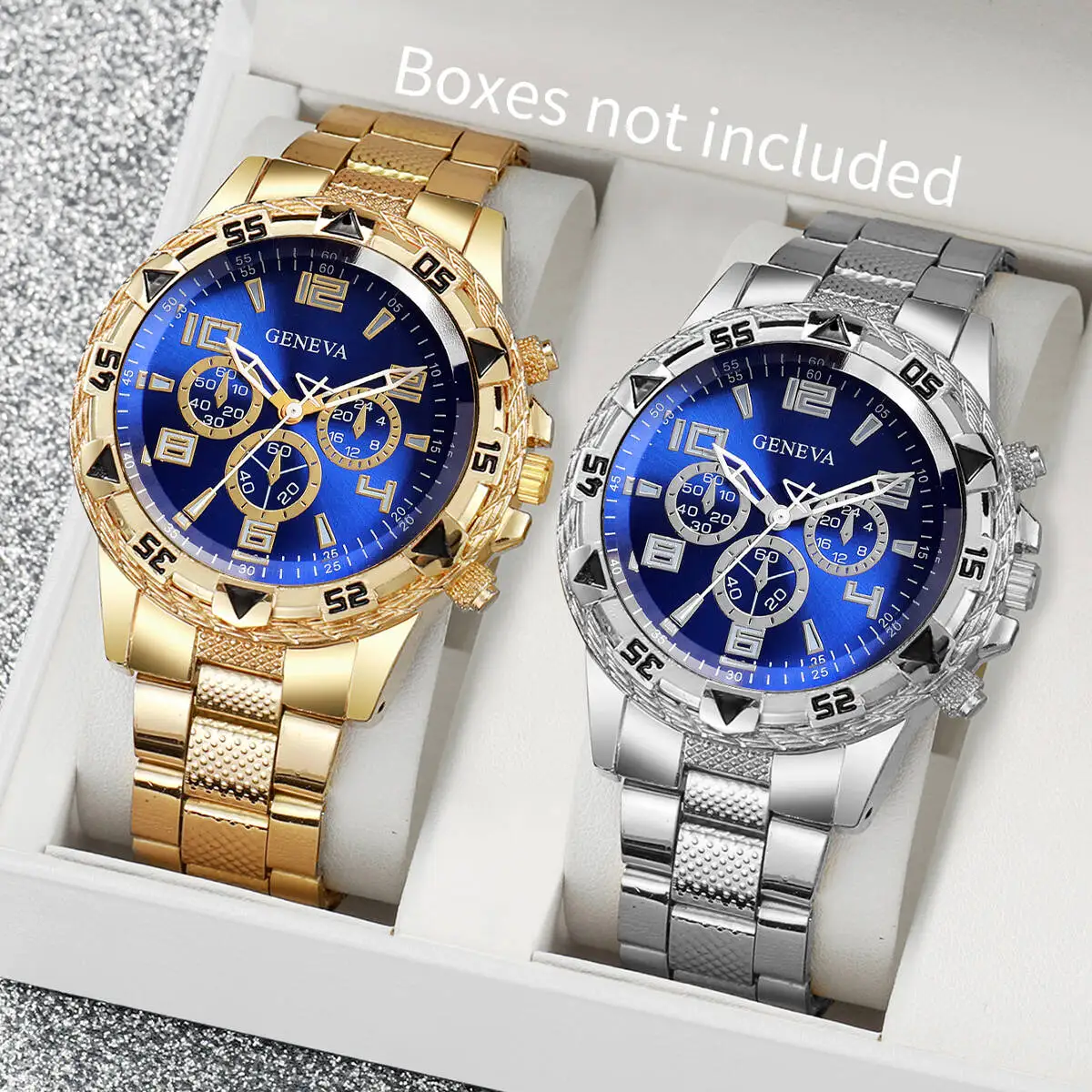 2PCS Large dial men's steel strap watch, fashionable business white light glass digital quartz watch