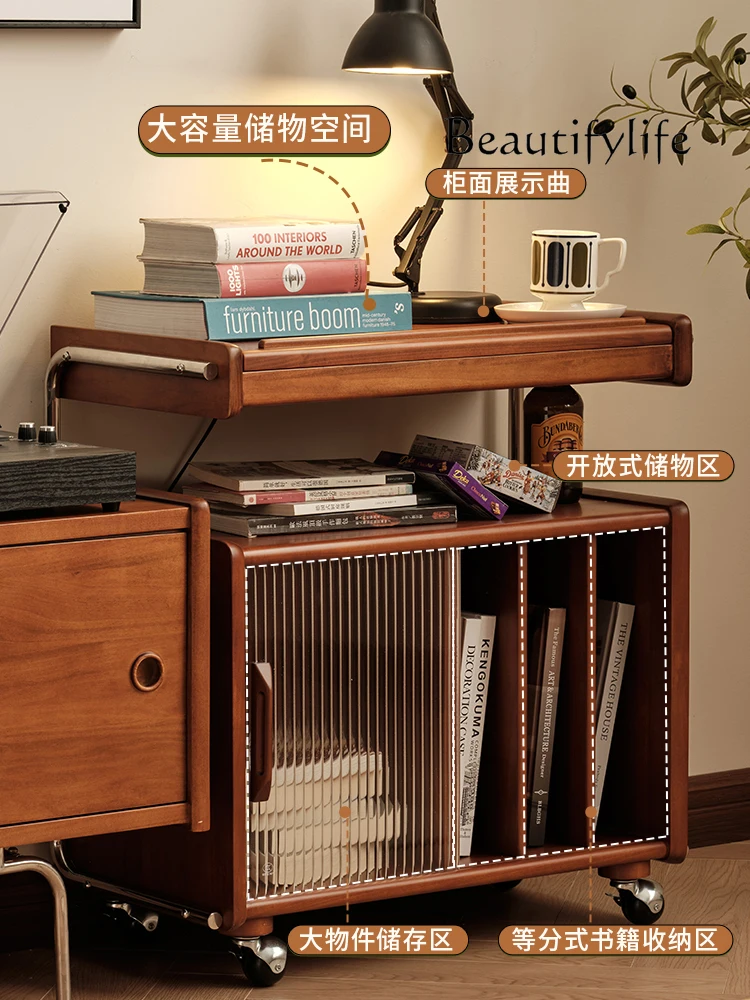 خزانة منخفضة من الخشب الصلب على الطراز الياباني مع خزائن مع باب زجاجي وخزانة مجلات تخزين قديمة متوسطة #4