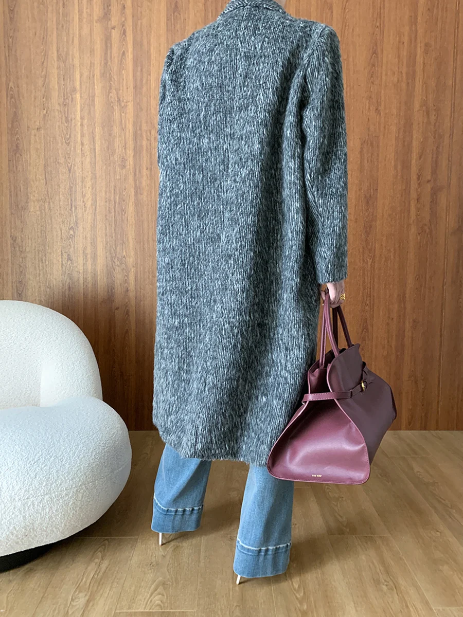 Gray Wool Double-sided Long Woolen Coat 2024 Autumn Warm Wool Fall Long Jacket