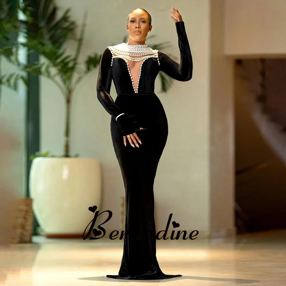 

Bernadine Graduation Dresses Stylish Velvet Evening Party For Women Beadings Mermaid Full Sleeves Jewel Neck Robes De Soirée