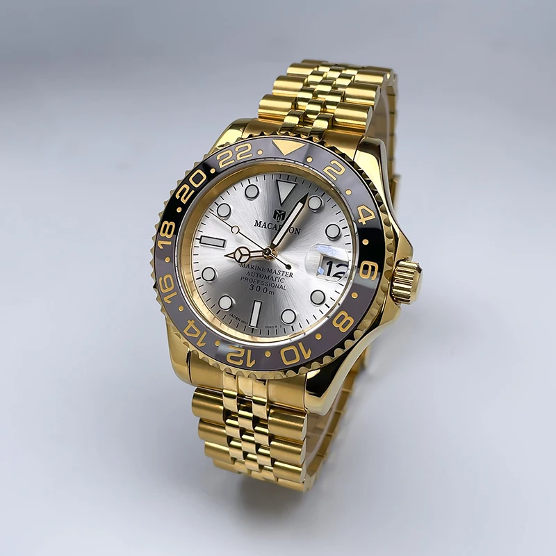 Macarlon 40MM Full Gold YM Two-Way Rotating Bezel Ceramic Bezel Men's Mechanical Wristwatch,Sapphire Glass Luminous Display