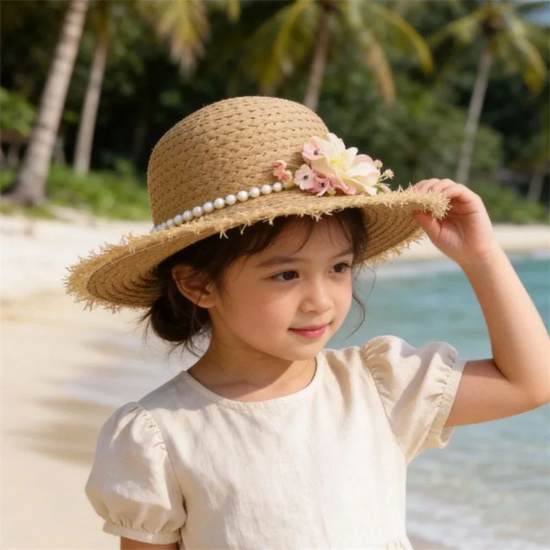 Sommerlicher Blumen-Strohhut mit großer Krempe, UV-Schutz, Strandkappe für kleine Mädchen, Kinder, Outdoor, Reisen am Meer – Detail 4